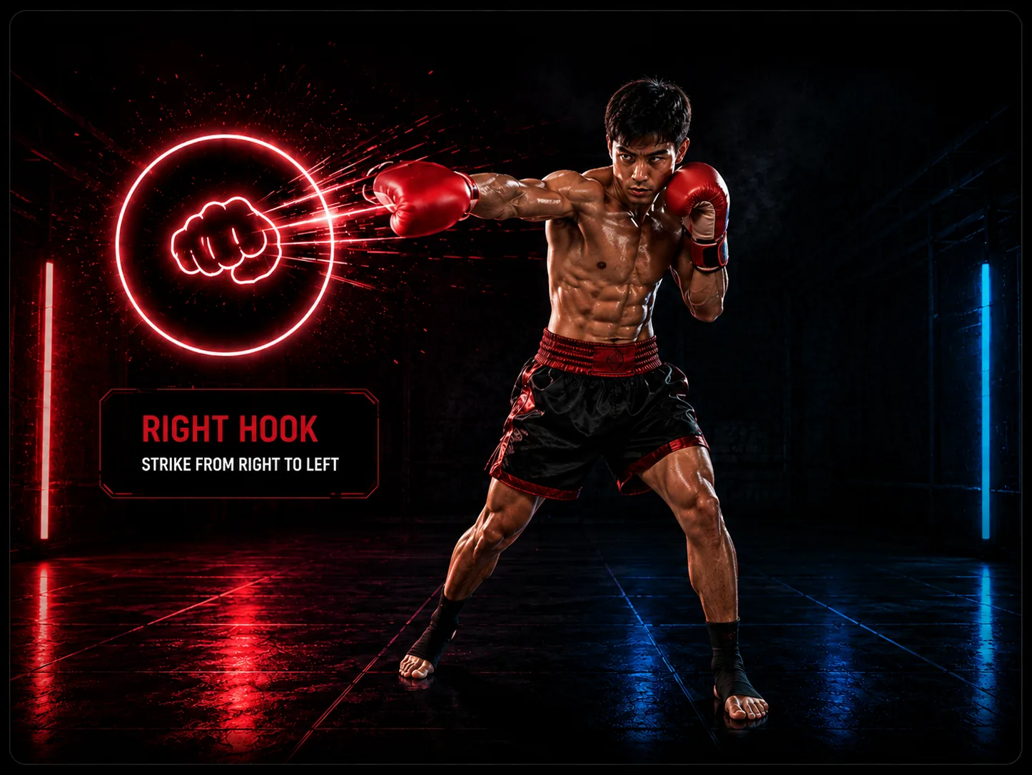 A boxer throwing a right hook, with a glowing right hook target beside them.