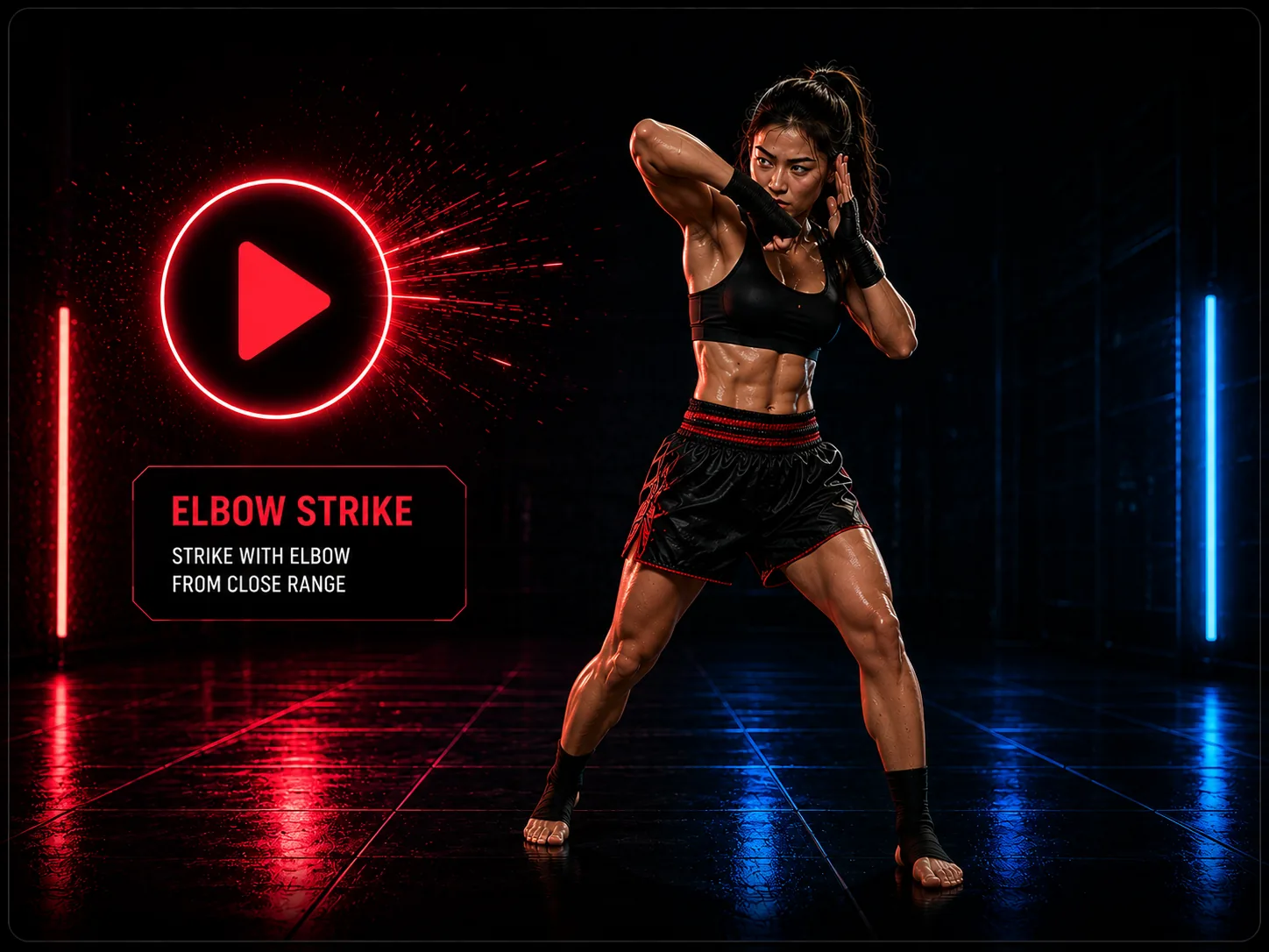 A Muay Thai fighter loading a right elbow, with a glowing right elbow target beside them.