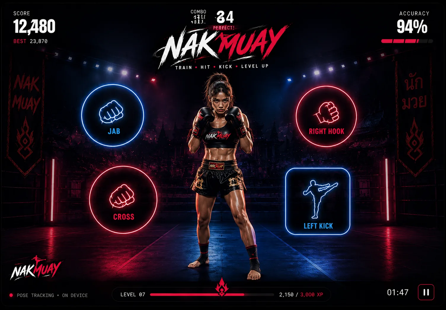 A Nakmuay round in progress — a fighter squared up in a neon-lit ring, with jab, cross, right hook and left kick targets around them and score, combo and accuracy across the top.