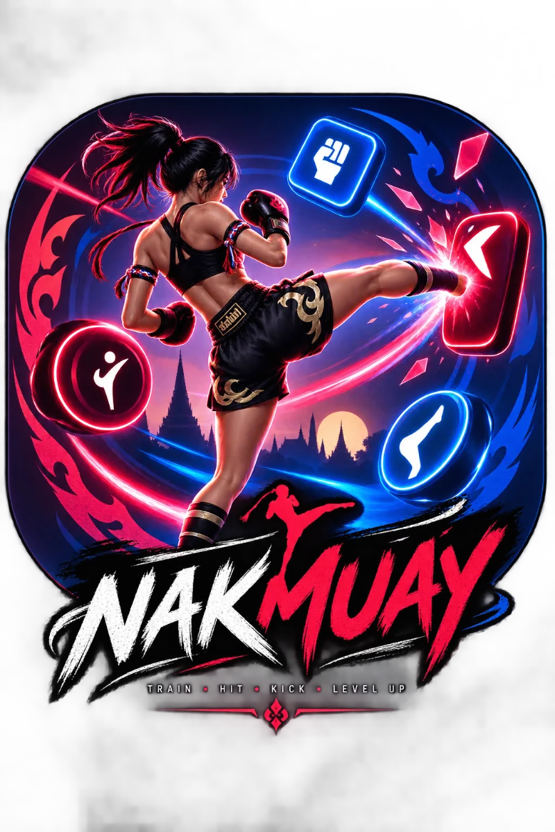 Nakmuay — a fighter throwing a kick at neon strike targets